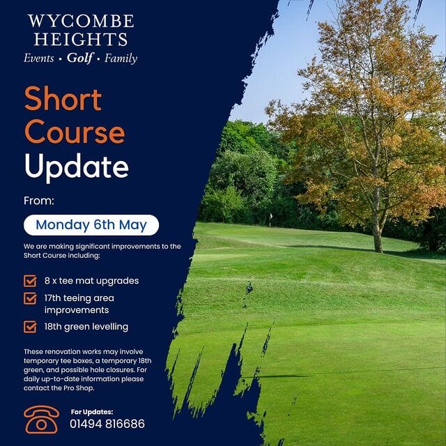 We are excited to announce the first wave of improvements to our Short Course starting on Monday 6th May. These renovations will include:

🏌️‍♀️8 x tee mat upgrades 
🚧 improvements to the teeing area on Hole 17
⛳️ green levelling and renovation on Hole 18

While this exciting project is carried out there may be some minor disruption to golfers including temporary tee boxes, a temporary green on Hole 18 and possible hole closures. For up to date course information please contact the Pro Shop on 01494 816686. We look forward to showcasing the results very soon!

#highwycombe #wycombe #buckinghamshire #bucks #london #south #england #bbo #countycard #englandgolf #wycombebusiness#chilternbusiness
