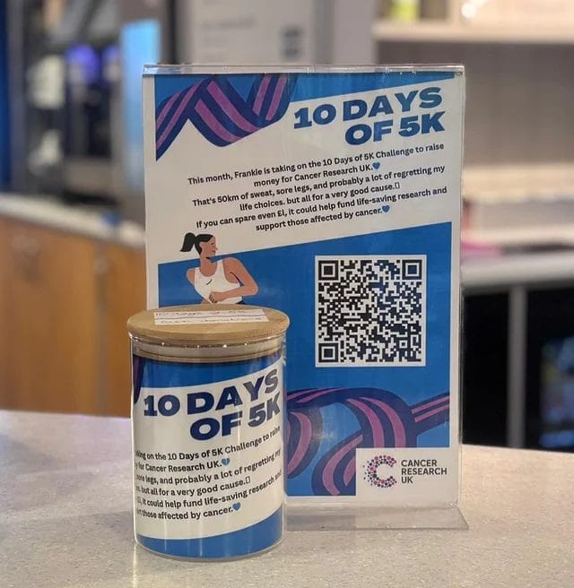 Please support our F&B assistant Frankie, on her journey to completing the 10 days of 5K to raise money for Cancer. Please support and donate to Cancer Research UK today. #raisingawareness #raisingmoney #cancerresearchuk 💙